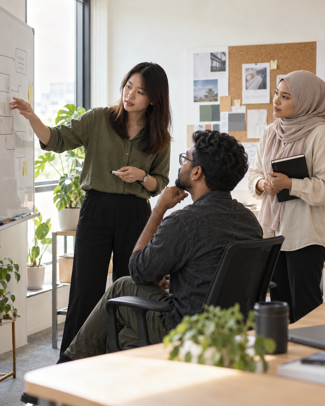 Colleagues discussing a business workflow beside a whiteboard.
