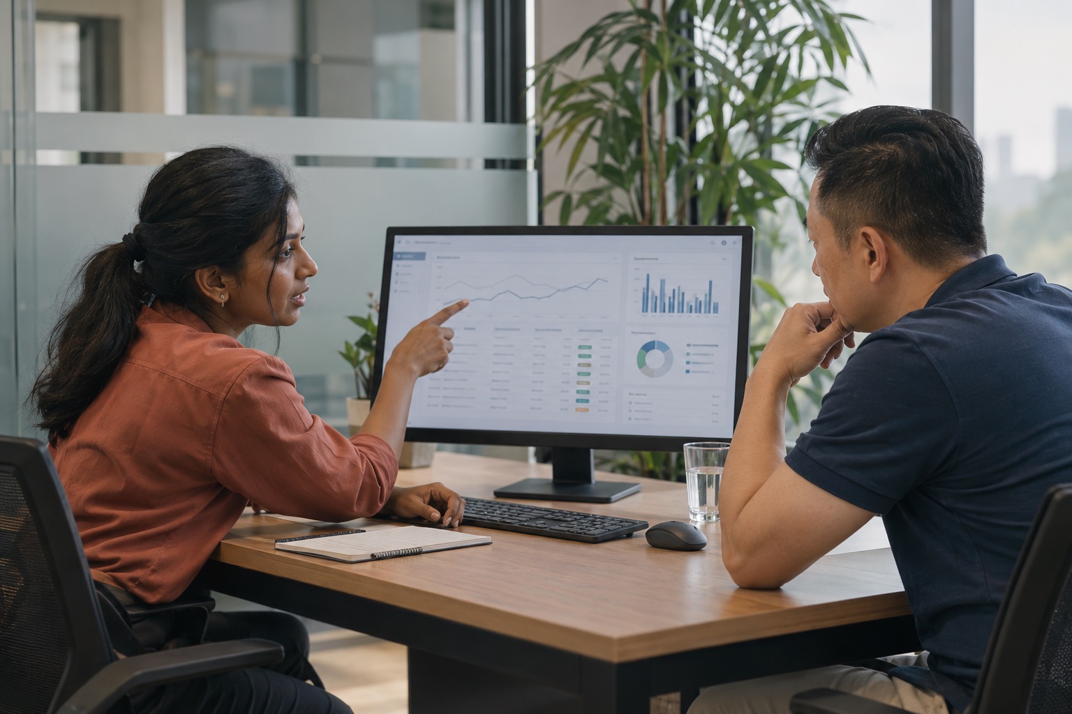 A software specialist discussing a dashboard with a business owner.