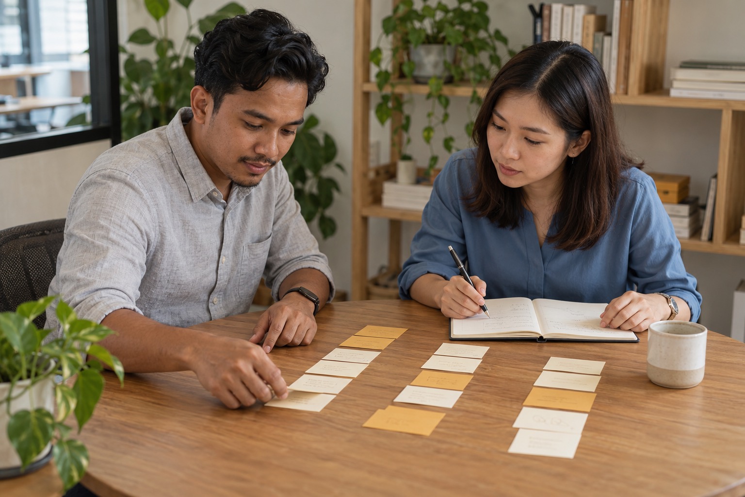 Two people organizing workflow cards and recording project requirements.