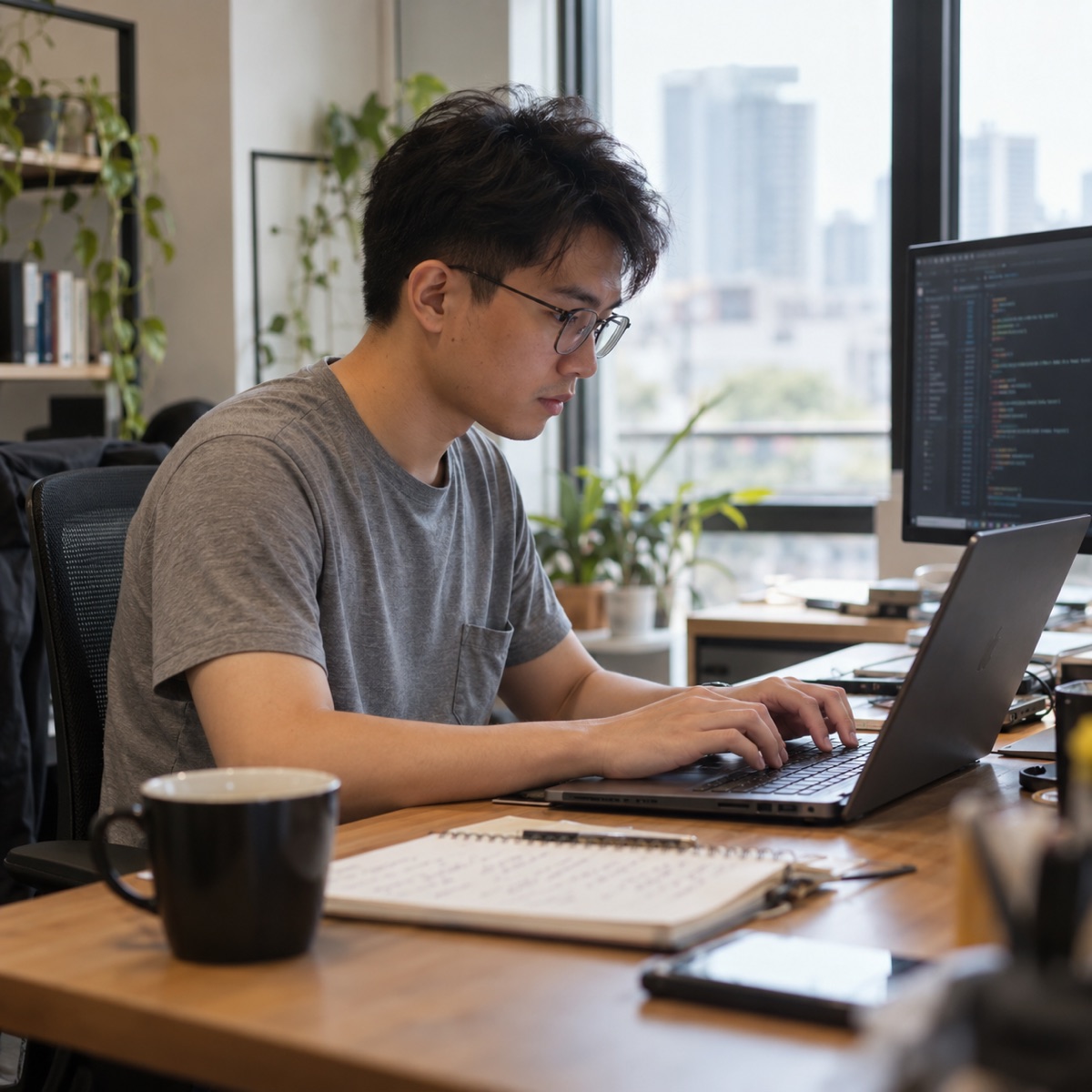 A developer working on a laptop beside a notebook.
